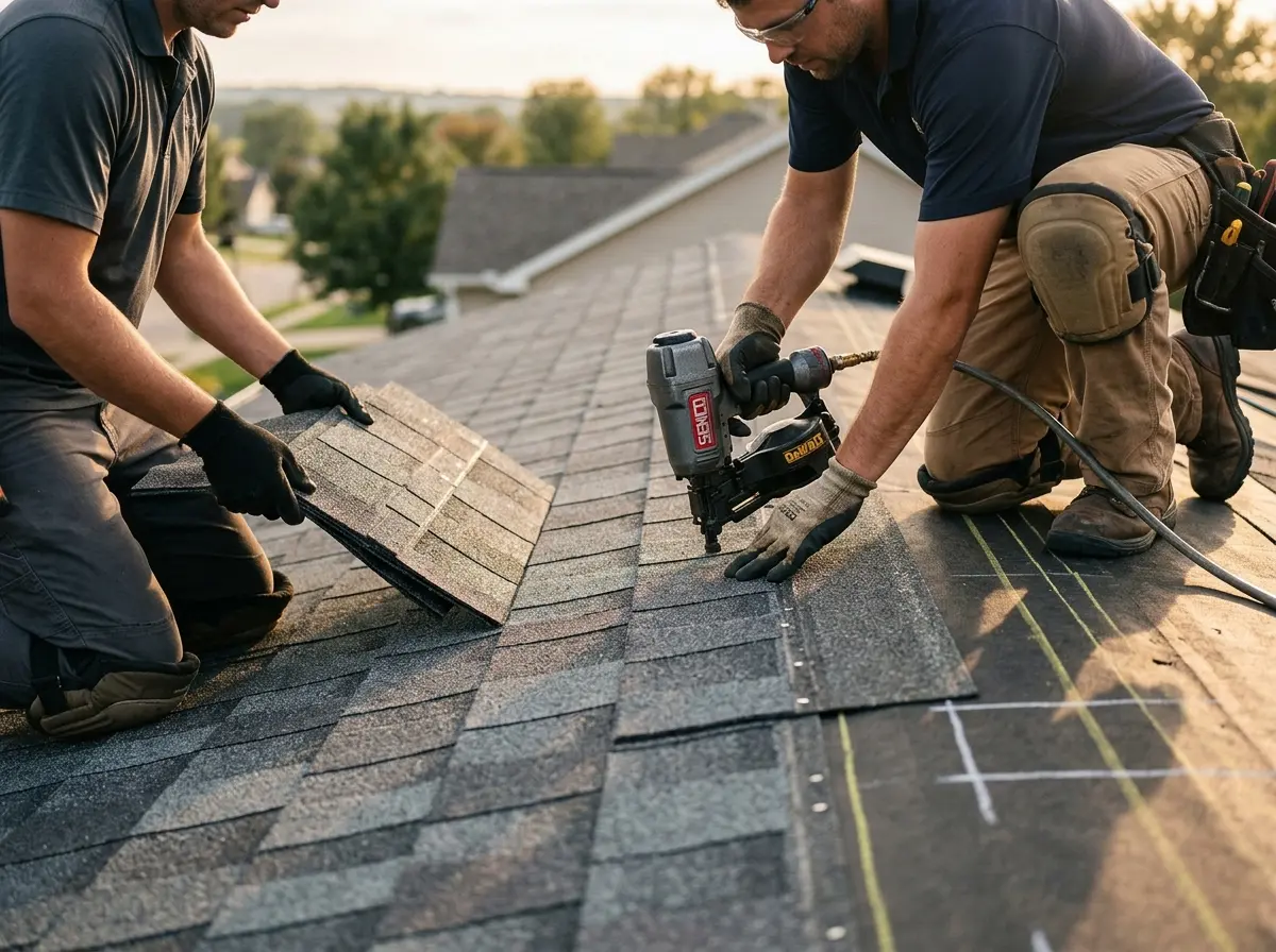 Professional roofer working on a residential roof in Harrisonville